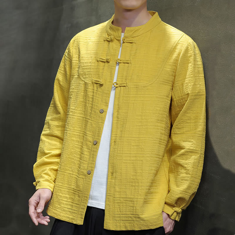 Buddha Stones Solid Color Half Frog-button Tang Suit Cotton Linen Men's Jacket Shirt