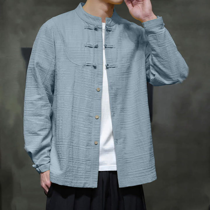 Buddha Stones Solid Color Half Frog-button Tang Suit Cotton Linen Men's Jacket Shirt  - image 2
