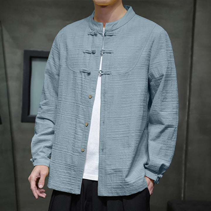Buddha Stones Solid Color Half Frog-button Tang Suit Cotton Linen Men's Jacket Shirt  - CadetBlue - US/UK/AU46，EU56 (5XL) - image 0