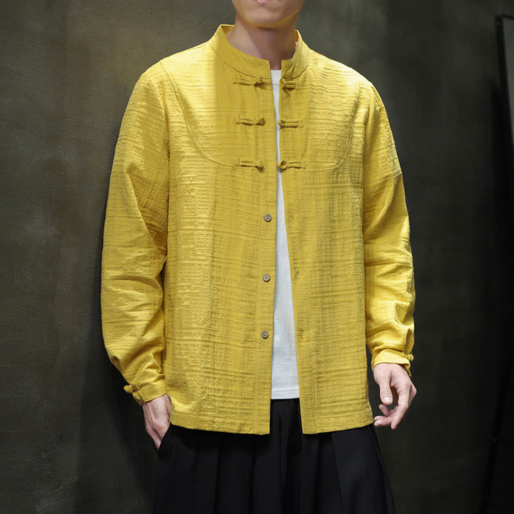 Buddha Stones Solid Color Half Frog-button Tang Suit Cotton Linen Men's Jacket Shirt  - image 29