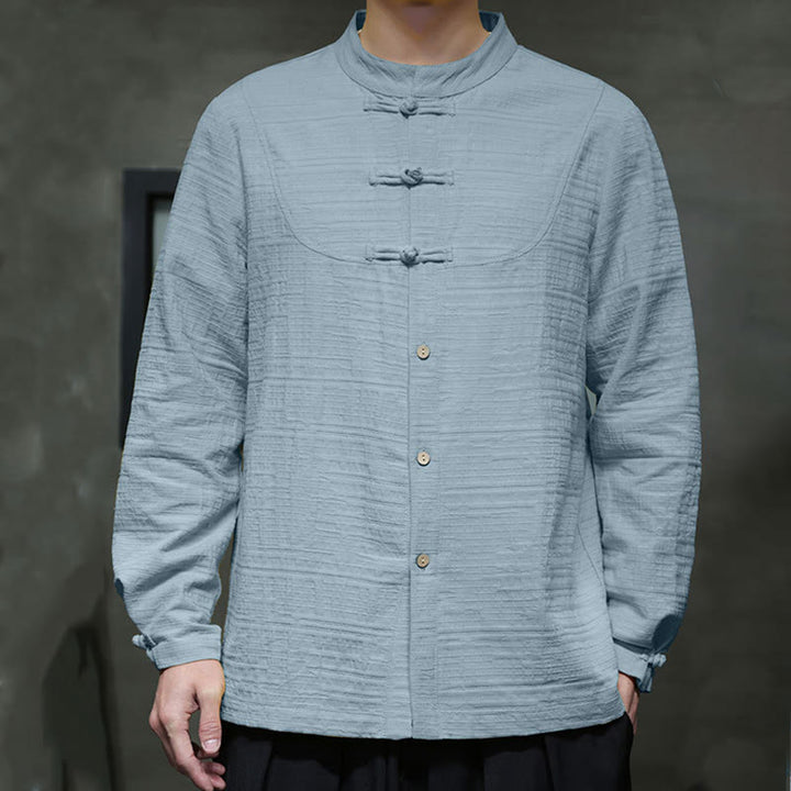 Buddha Stones Solid Color Half Frog-button Tang Suit Cotton Linen Men's Jacket Shirt  - image 5