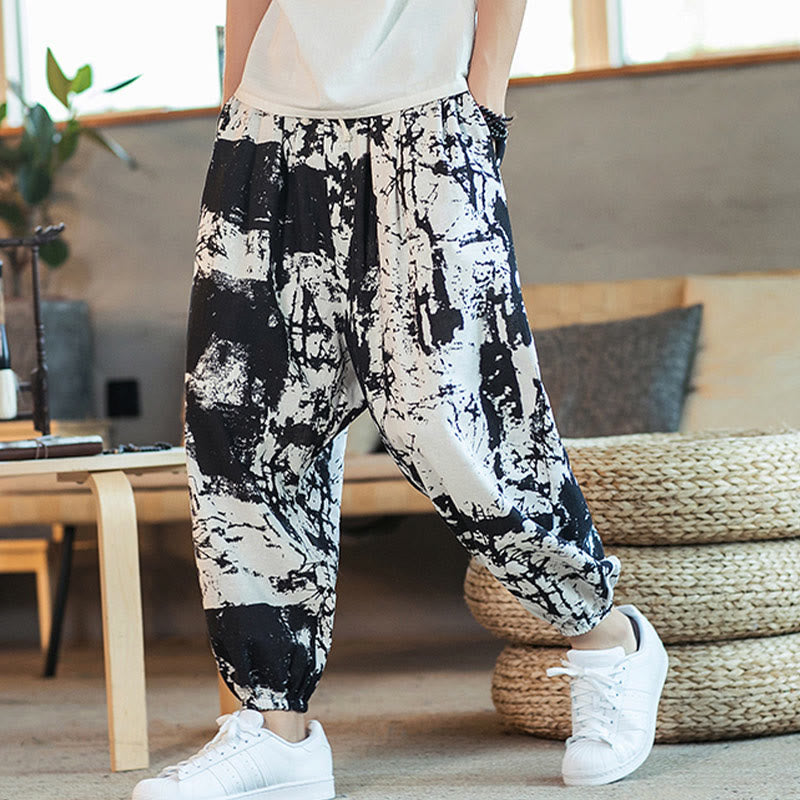 Buddha Stones Black White Ink Design Cotton Linen Drawstring Men's Harem Pants With Pockets