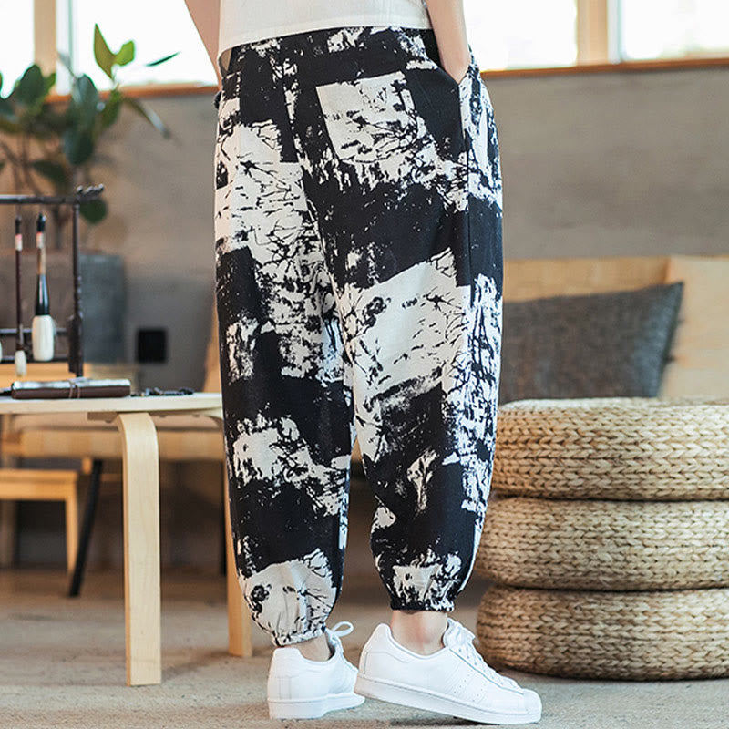 Buddha Stones Black White Ink Design Cotton Linen Drawstring Men's Harem Pants With Pockets - image 4