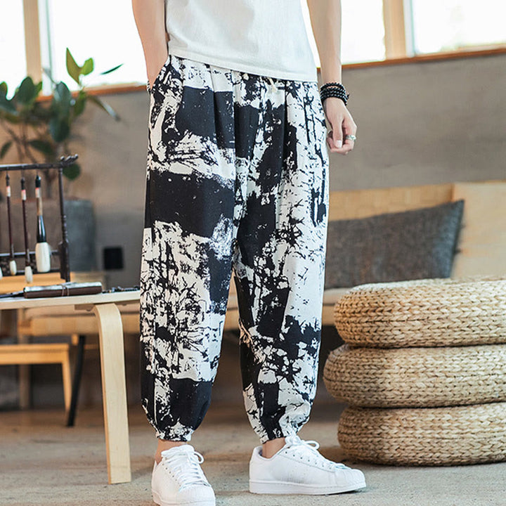 Buddha Stones Black White Ink Design Cotton Linen Drawstring Men's Harem Pants With Pockets