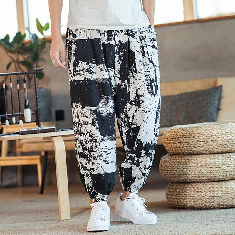 Buddha Stones Black White Ink Design Cotton Linen Drawstring Men's Harem Pants With Pockets