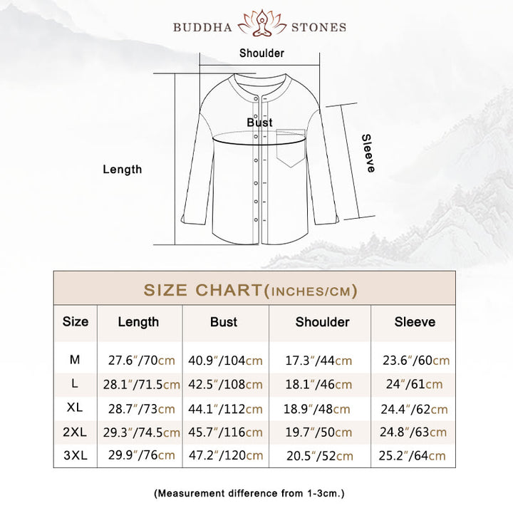 Buddha Stones Men's Long Sleeve Stand Collar With Pocket Pure Color Casual Cotton Linen Shirt