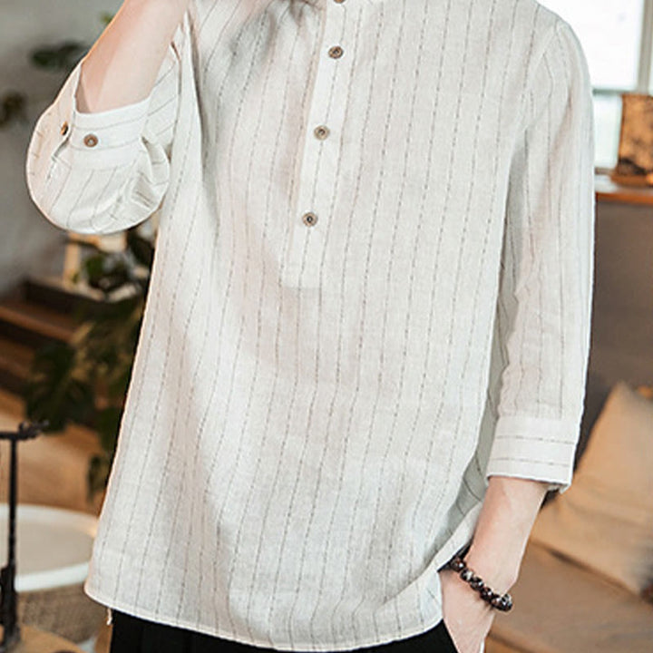 Buddha Stones Half Button Striped Three Quarter Sleeves Linen Men's Shirt