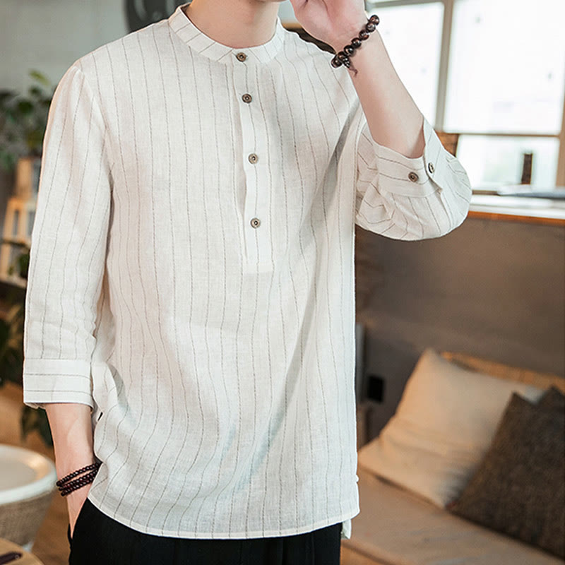 Buddha Stones Half Button Striped Three Quarter Sleeves Linen Men's Shirt - image 18