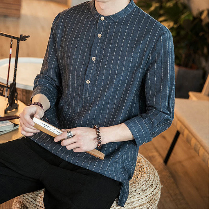 Buddha Stones Half Button Striped Three Quarter Sleeves Linen Men's Shirt - image 10