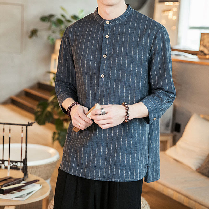 Buddha Stones Half Button Striped Three Quarter Sleeves Linen Men's Shirt - image 3