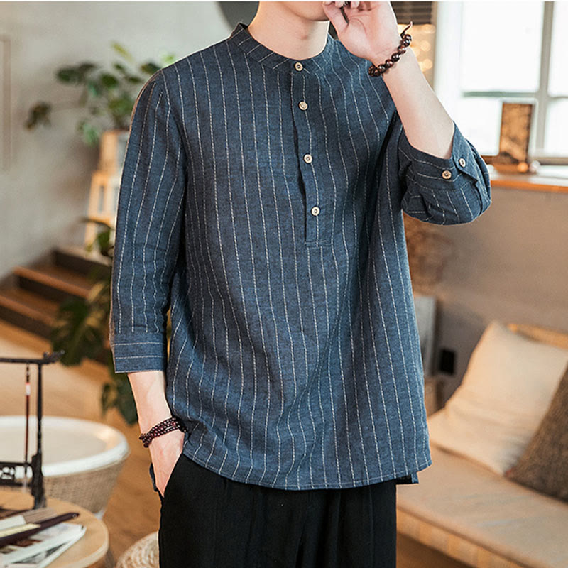 Buddha Stones Half Button Striped Three Quarter Sleeves Linen Men's Shirt