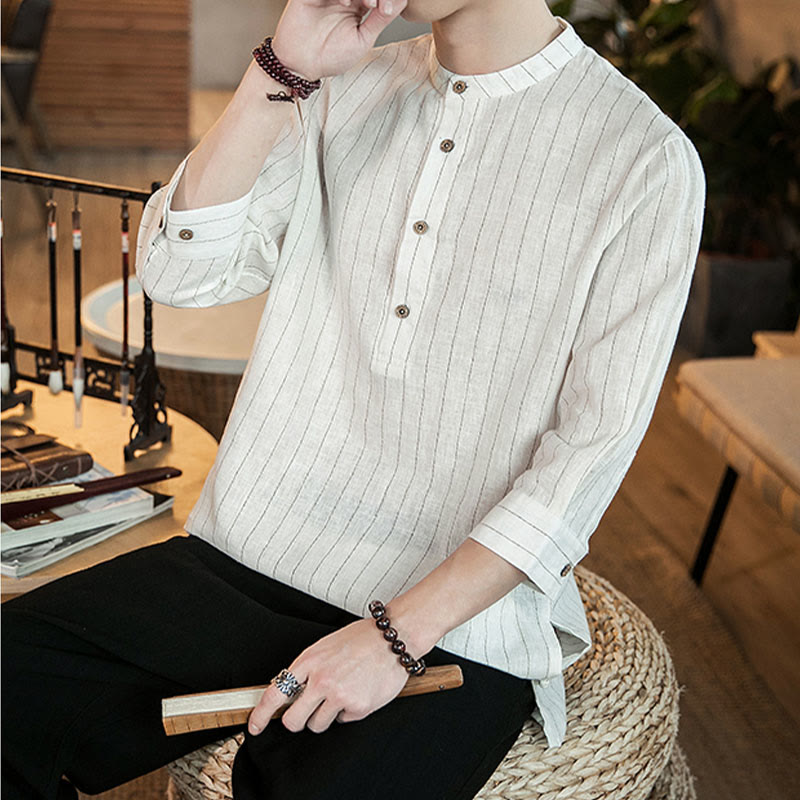 Buddha Stones Half Button Striped Three Quarter Sleeves Linen Men's Shirt - image 21