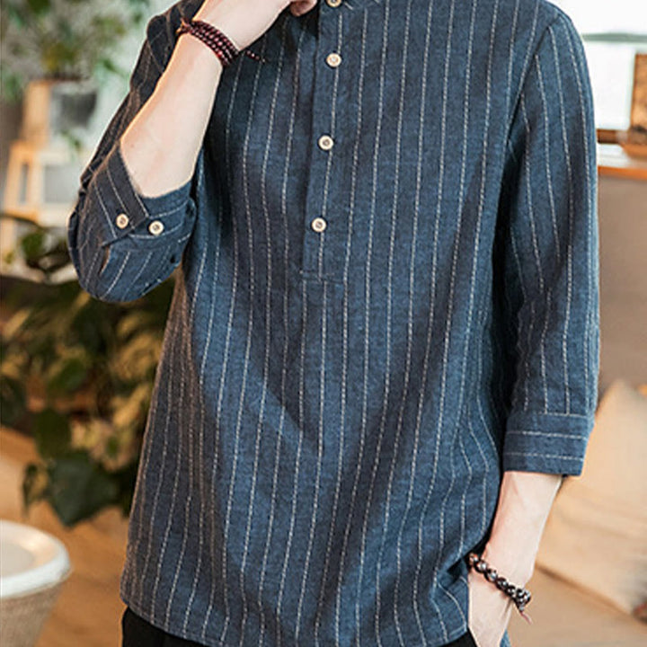 Buddha Stones Half Button Striped Three Quarter Sleeves Linen Men's Shirt - image 9