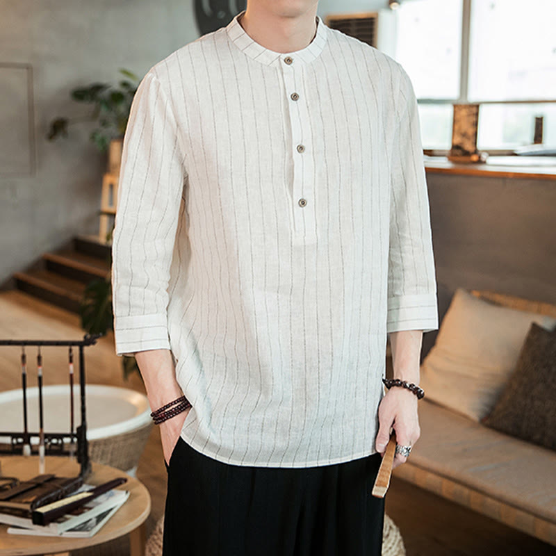 Buddha Stones Half Button Striped Three Quarter Sleeves Linen Men's Shirt - image 17