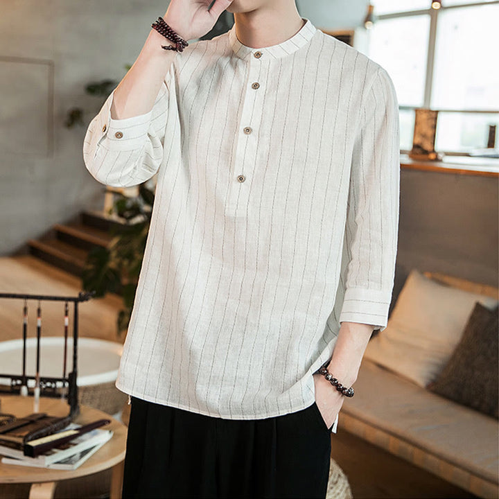 Buddha Stones Half Button Striped Three Quarter Sleeves Linen Men's Shirt - image 14