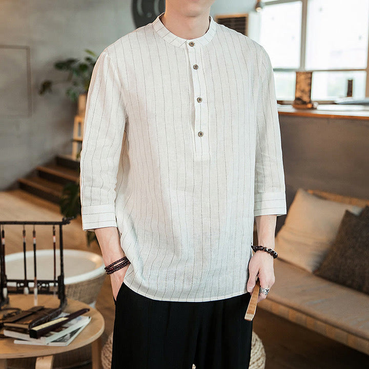 Buddha Stones Half Button Striped Three Quarter Sleeves Linen Men's Shirt - image 15