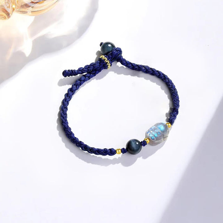 Buddha Stones Moonstone PiXiu Blue Tiger Eye Fu Character Healing Couple String Bracelet