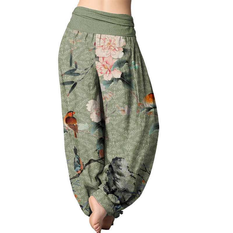 Buddha Stones Warbler Bird Blooming Flower Branches Mandala Pattern Women's Elastic Waist Harem Pants