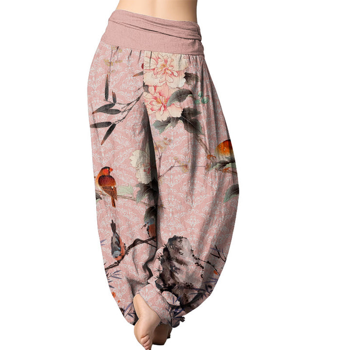 Buddha Stones Warbler Bird Blooming Flower Branches Mandala Pattern Women's Elastic Waist Harem Pants