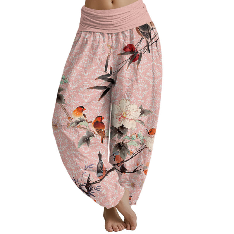 Buddha Stones Warbler Bird Blooming Flower Branches Mandala Pattern Women's Elastic Waist Harem Pants