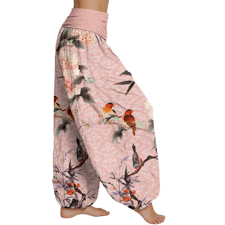 Buddha Stones Warbler Bird Blooming Flower Branches Mandala Pattern Women's Elastic Waist Harem Pants