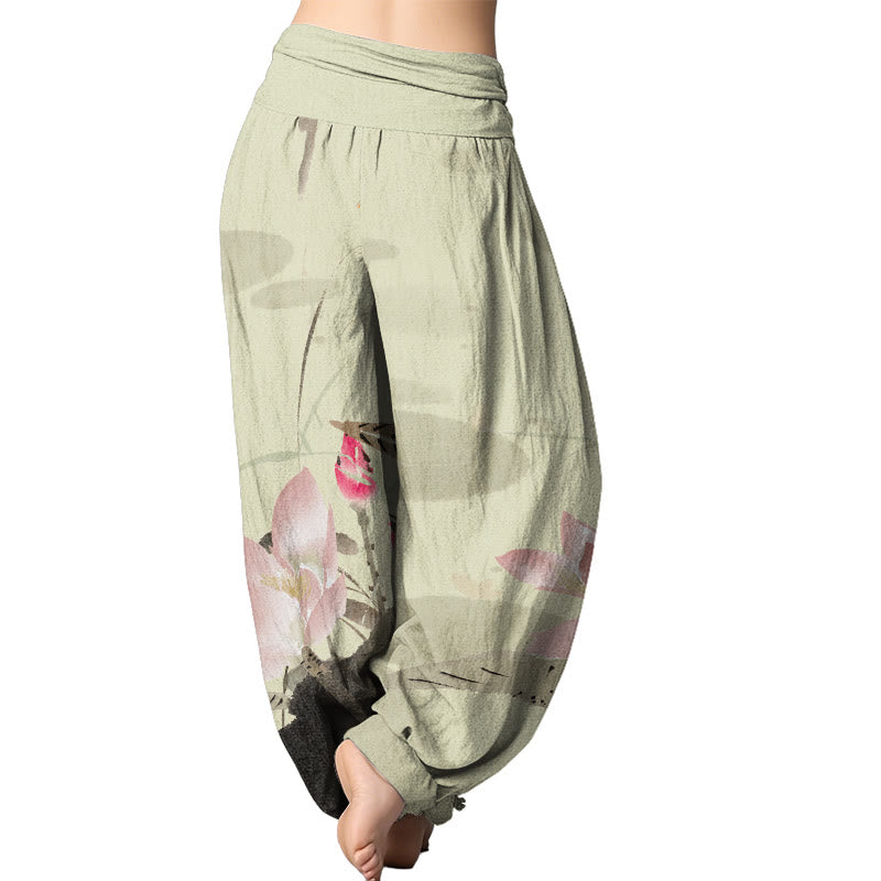 Buddha Stones Pink Lotus Leaves Bird Pattern Women's Elastic Waist Harem Pants