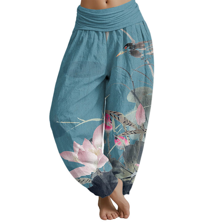 Buddha Stones Pink Lotus Leaves Bird Pattern Women's Elastic Waist Harem Pants