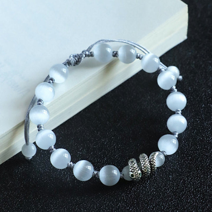 Buddha Stones Black Onyx White Cat's Eye Beads Year Of The Snake Protection Bracelet