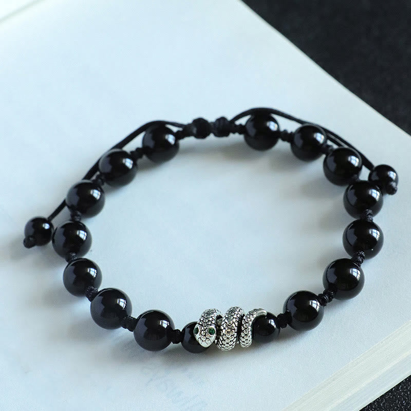 Buddha Stones Black Onyx White Cat's Eye Beads Year Of The Snake Protection Bracelet