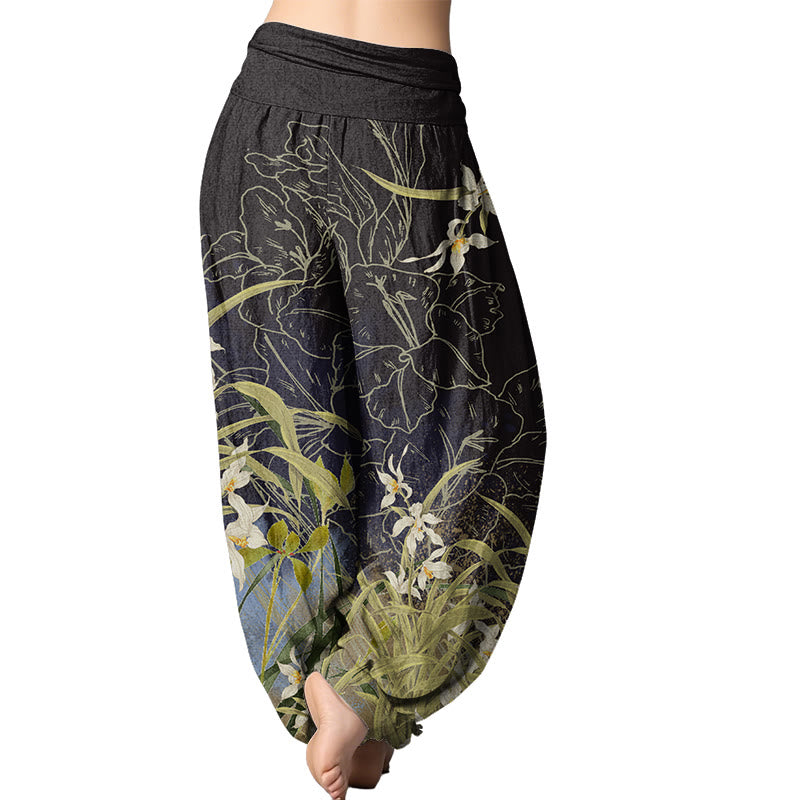 Buddha Stones White Flowers Yellow Green Leaves Grass Pattern Women's Elastic Waist Harem Pants