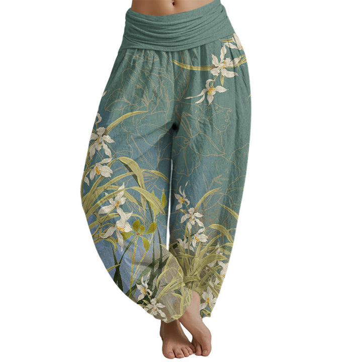 Buddha Stones White Flowers Yellow Green Leaves Grass Pattern Women's Elastic Waist Harem Pants