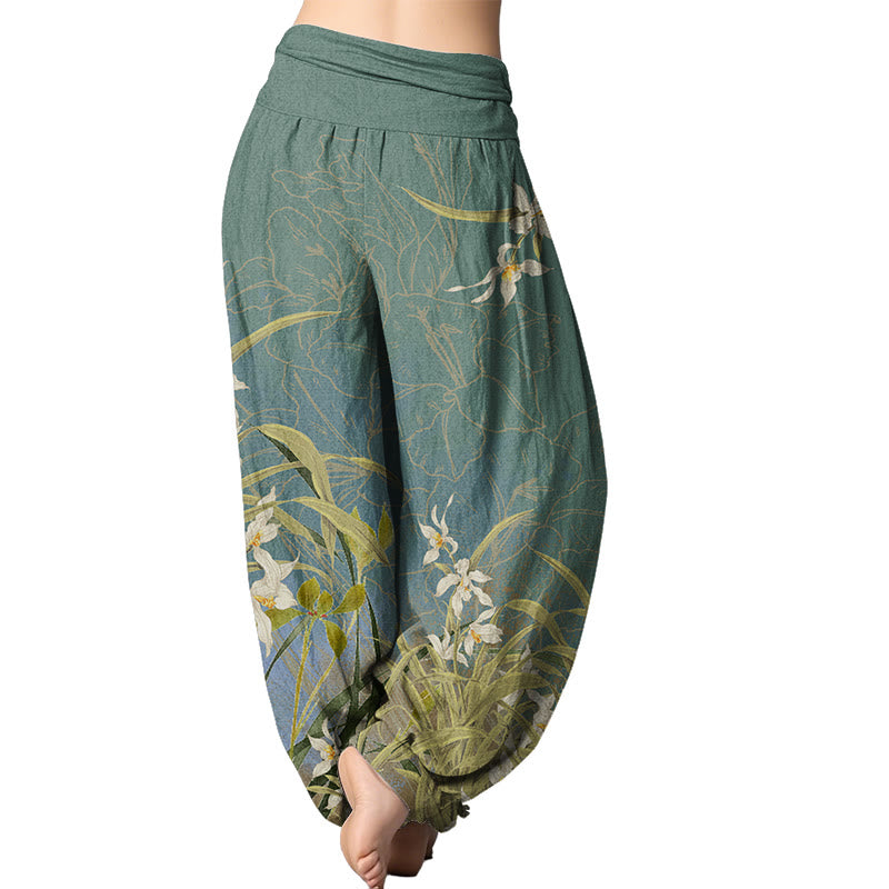 Buddha Stones White Flowers Yellow Green Leaves Grass Pattern Women's Elastic Waist Harem Pants