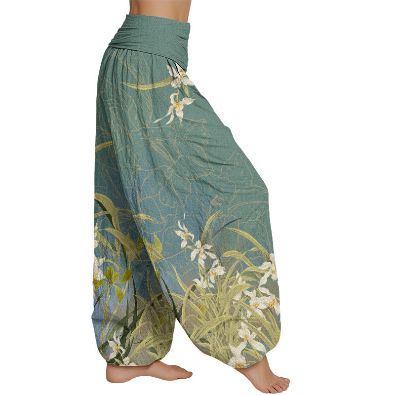 Buddha Stones White Flowers Yellow Green Leaves Grass Pattern Women's Elastic Waist Harem Pants