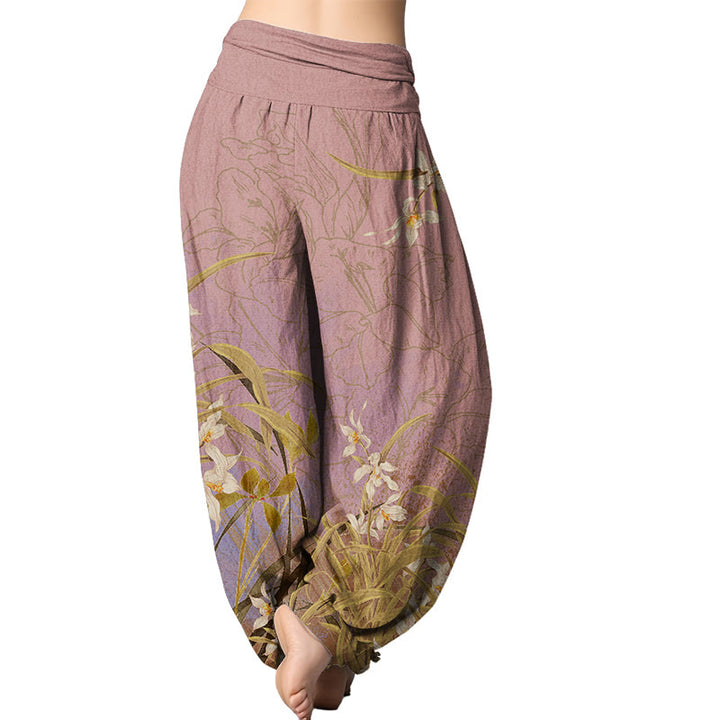 Buddha Stones White Flowers Yellow Green Leaves Grass Pattern Women's Elastic Waist Harem Pants