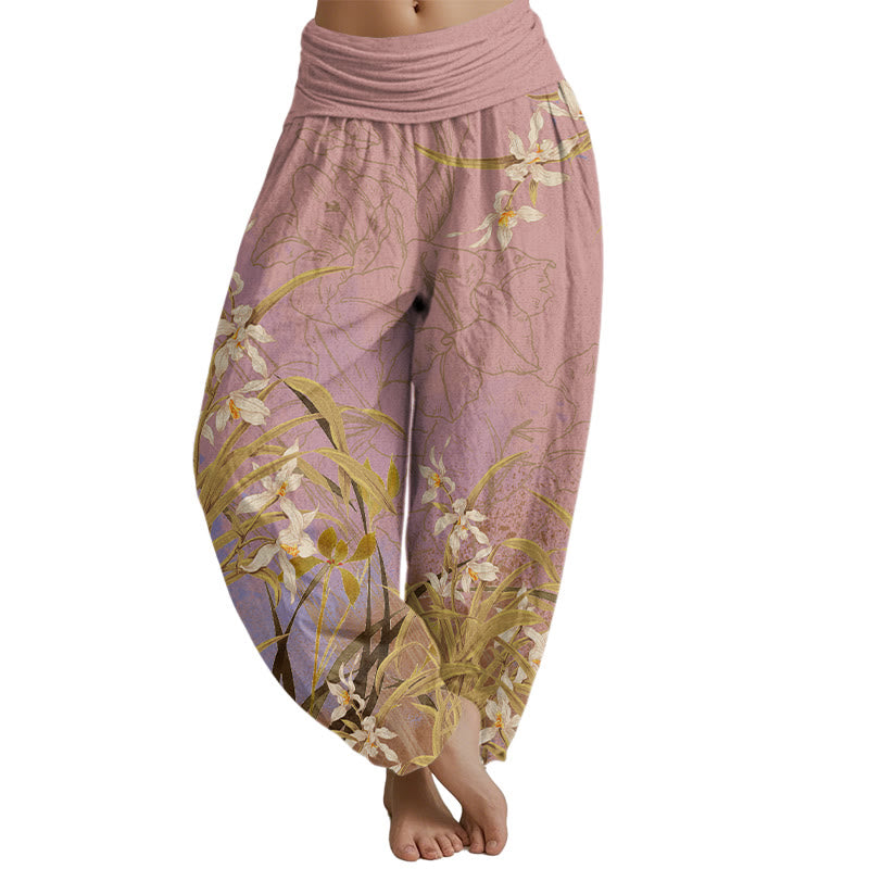 Buddha Stones White Flowers Yellow Green Leaves Grass Pattern Women's Elastic Waist Harem Pants