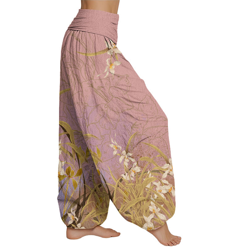 Buddha Stones White Flowers Yellow Green Leaves Grass Pattern Women's Elastic Waist Harem Pants