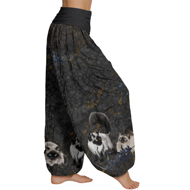 Buddha Stones Siamese Cats Flower Coin Pattern Women's Elastic Waist Harem Pants