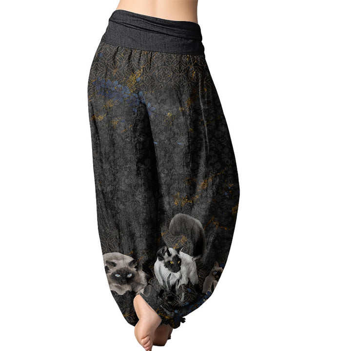 Buddha Stones Siamese Cats Flower Coin Pattern Women's Elastic Waist Harem Pants