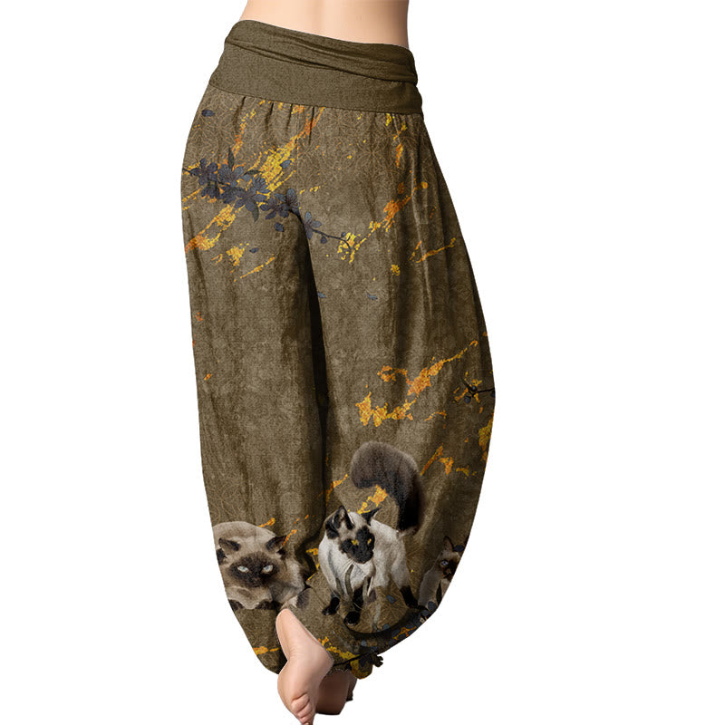 Buddha Stones Siamese Cats Flower Coin Pattern Women's Elastic Waist Harem Pants