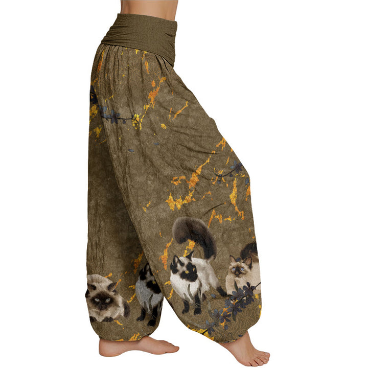 Buddha Stones Siamese Cats Flower Coin Pattern Women's Elastic Waist Harem Pants