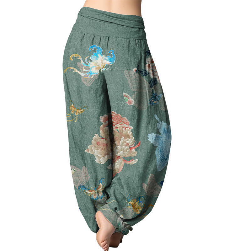 Buddha Stones Chrysanthemums Butterflies Pattern Women's Elastic Waist Harem Pants