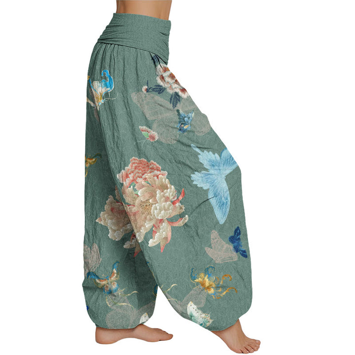 Buddha Stones Chrysanthemums Butterflies Pattern Women's Elastic Waist Harem Pants