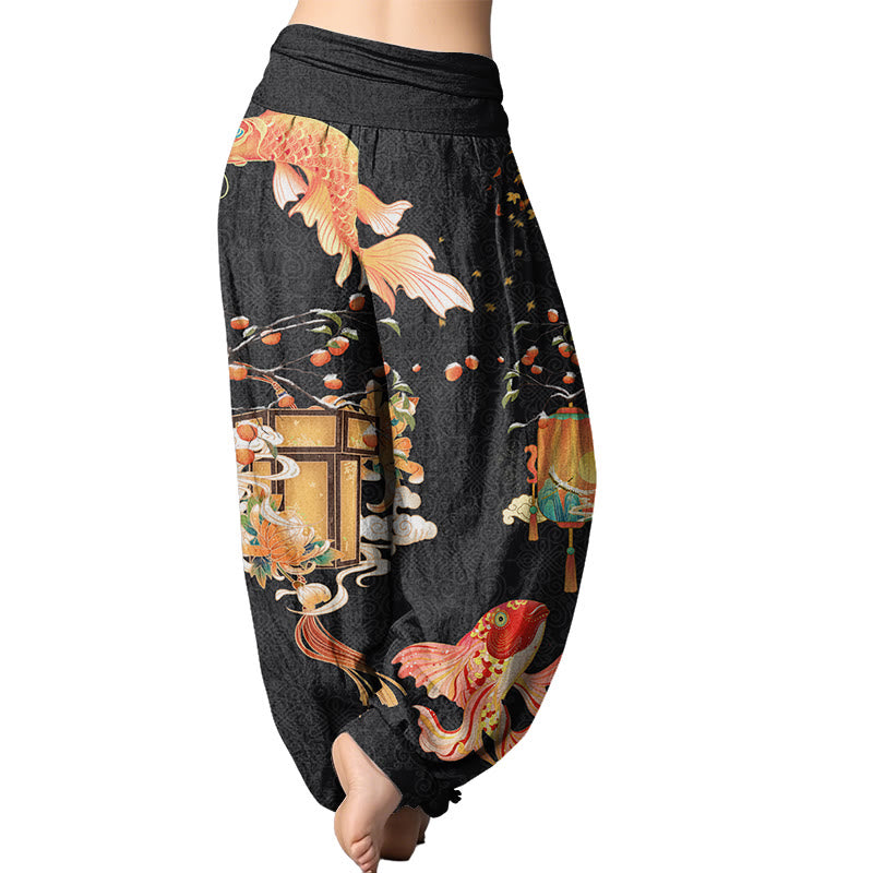 Buddha Stones Koi Fish Lanterns Chrysanthemums Fruit Trees Women's Elastic Waist Harem Pants