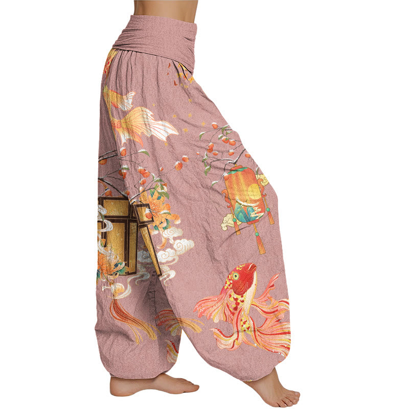 Buddha Stones Koi Fish Lanterns Chrysanthemums Fruit Trees Women's Elastic Waist Harem Pants