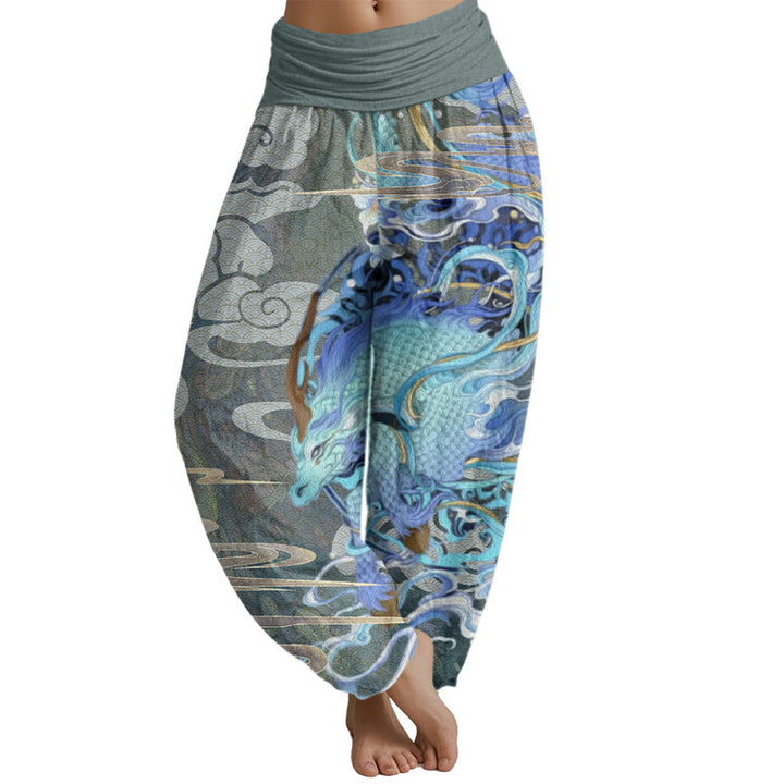 Buddha Stones Dragons Auspicious Clouds Pattern Women's Elastic Waist Harem Pants