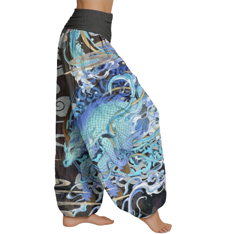 Buddha Stones Dragons Auspicious Clouds Pattern Women's Elastic Waist Harem Pants