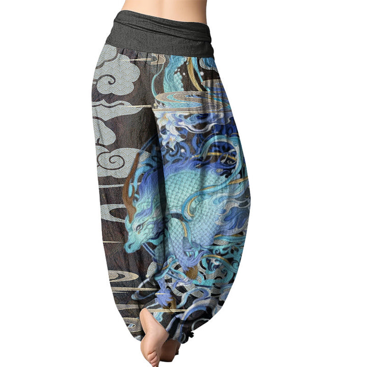 Buddha Stones Dragons Auspicious Clouds Pattern Women's Elastic Waist Harem Pants