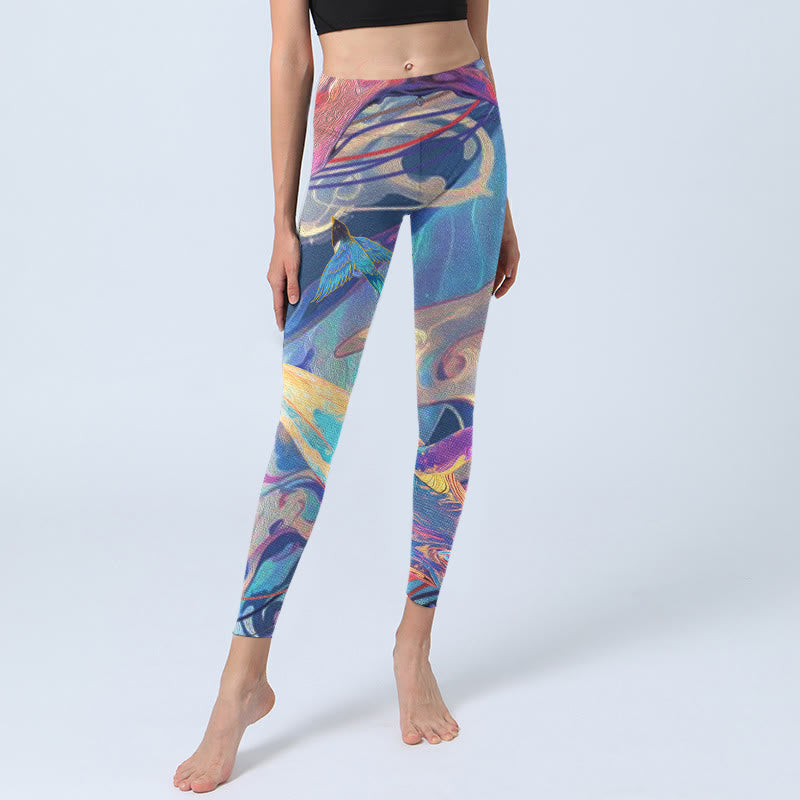 Buddha Stones Whales Swallows Waves Print Gym Leggings Women's Yoga Pants - image 6