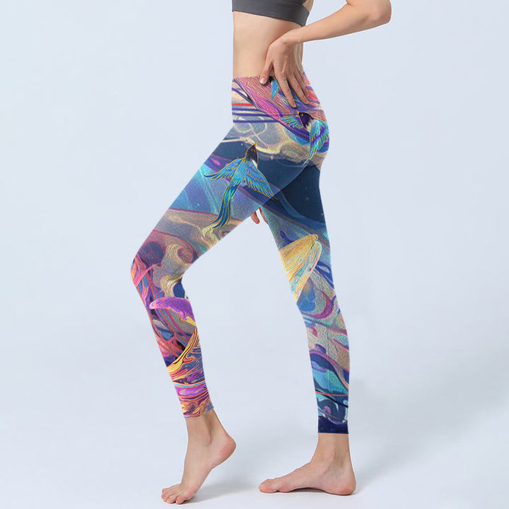 Buddha Stones Whales Swallows Waves Print Gym Leggings Women's Yoga Pants - image 3