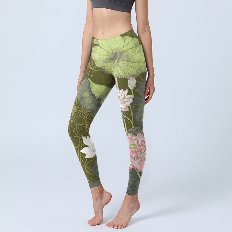 Buddha Stones Lotus Print Gym Leggings Women's Yoga Pants - OliveDrab - US18，UK/AU22，EU50 (4XL) - image 1